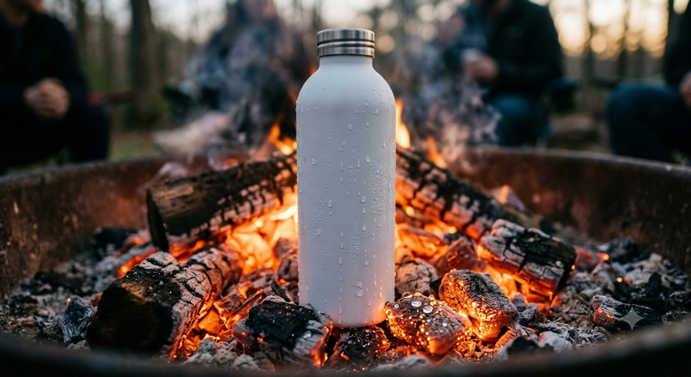 Unbranded white aluminum water bottle standing on glowing coals — hydrogen water brand Amazon DSP case study