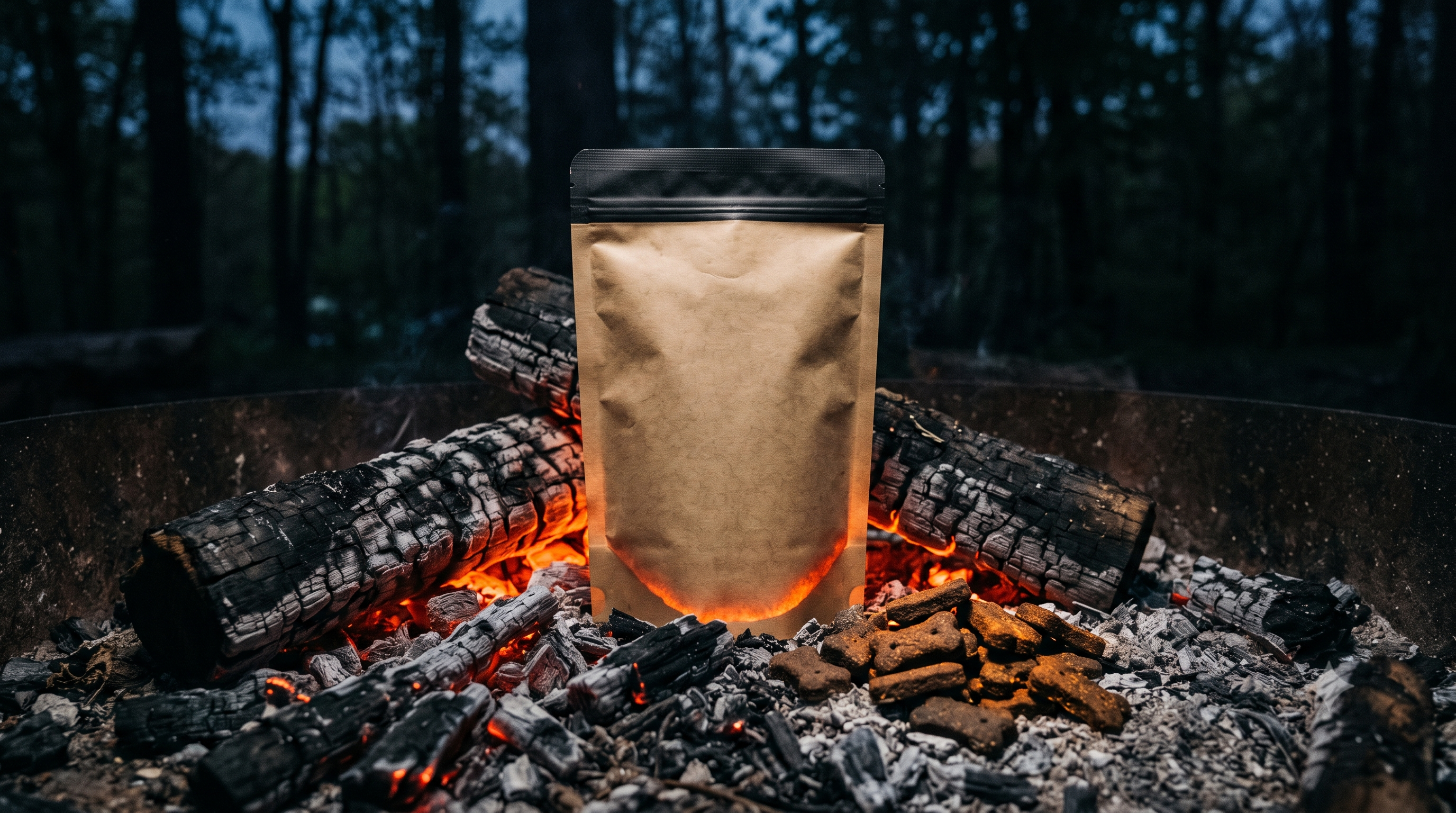 Unbranded kraft pet treat pouch and biscuits on glowing coals — pet CPG brand Amazon profitability case study