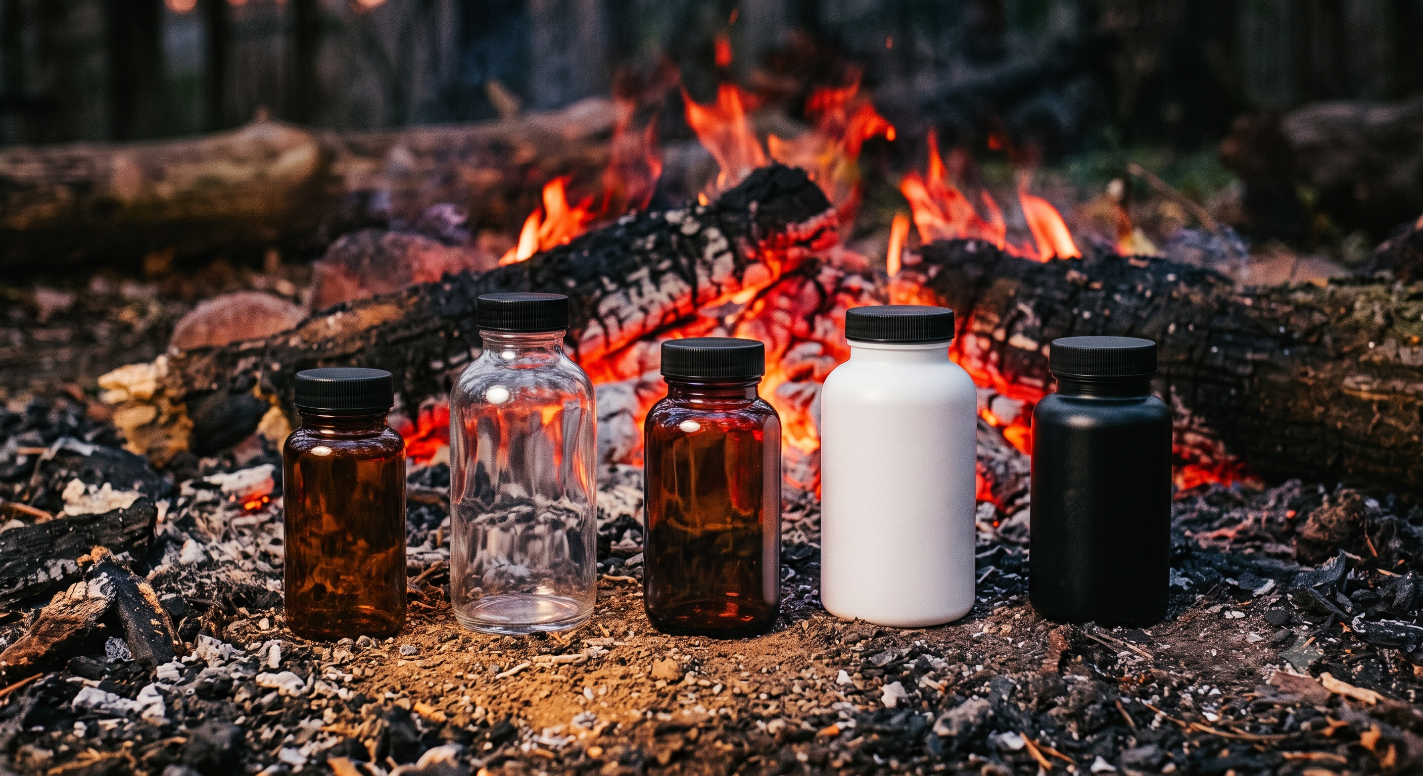 Row of unbranded supplement bottles on coals in front of a fire — large VMS catalog Amazon advertising case study